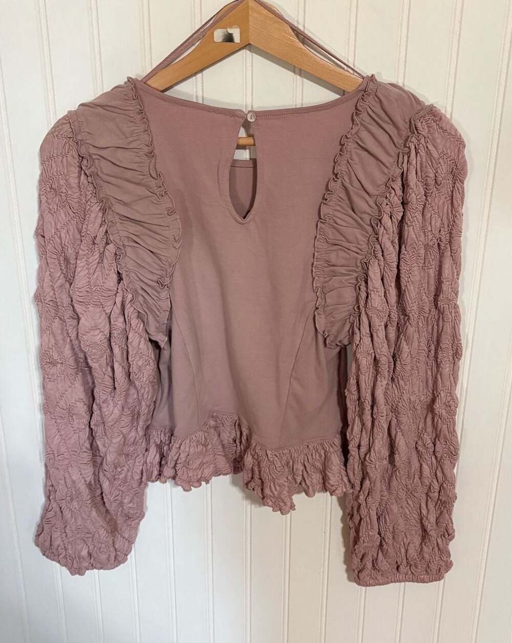 Free People Pale Mauve Smocked Long Sleeve Ruffle Peplum Top